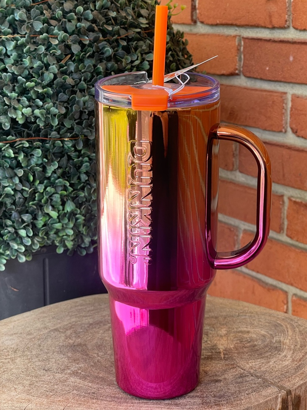 New DUNKIN Gradient Metallic Stainless (40oz) XL Tumbler w/Handle Copper Pink